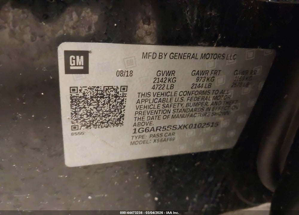 2019 CADILLAC CTS LUXURY VIN: 1G6AR5SSXK0102515