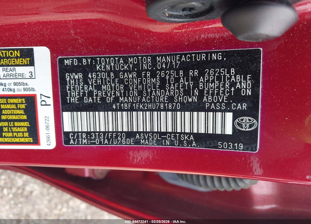 2017 TOYOTA CAMRY SE VIN: 4T1BF1FK2HU781870