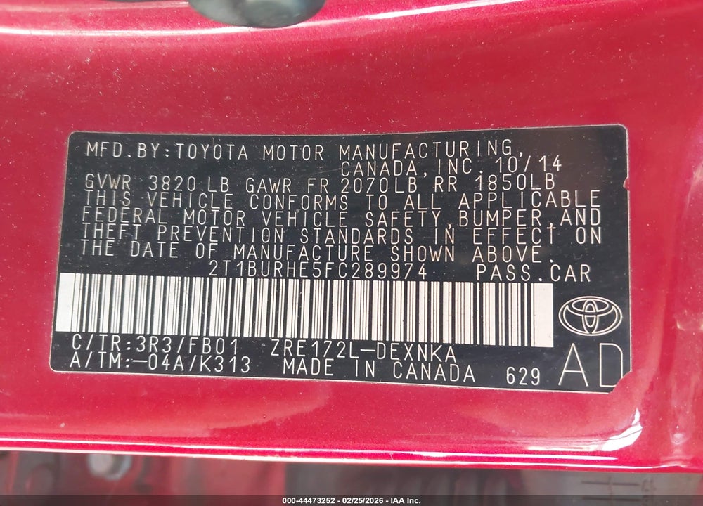 2015 TOYOTA COROLLA LE VIN: 2T1BURHE5FC289974
