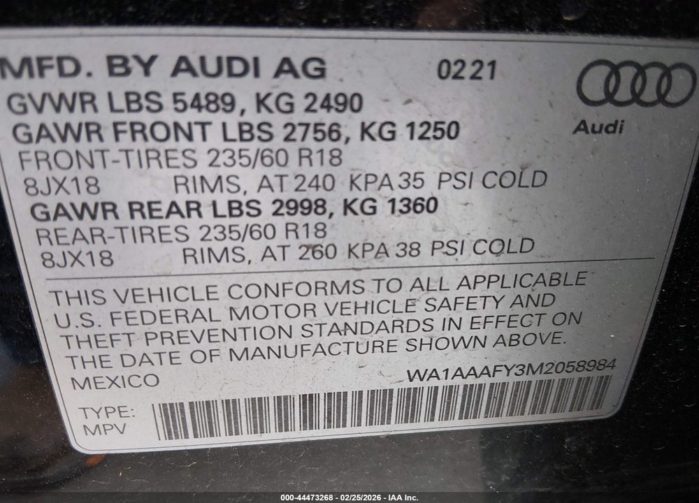 2021 AUDI Q5 PREMIUM 45 TFSI QUATTRO S TRONIC VIN: WA1AAAFY3M2058984