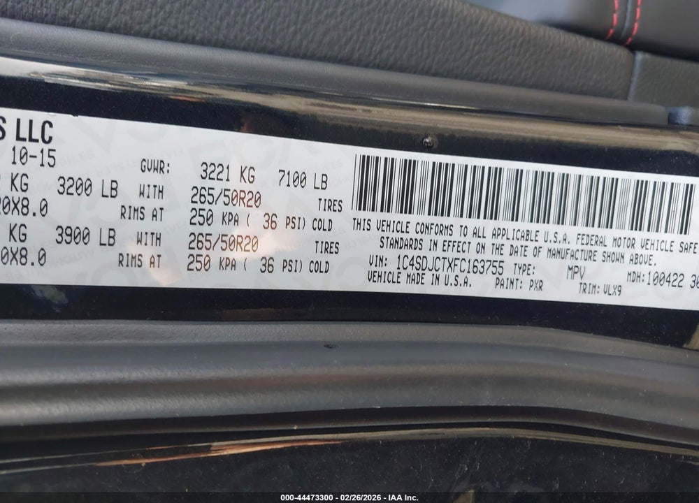 2015 DODGE DURANGO R/T VIN: 1C4SDJCTXFC163755