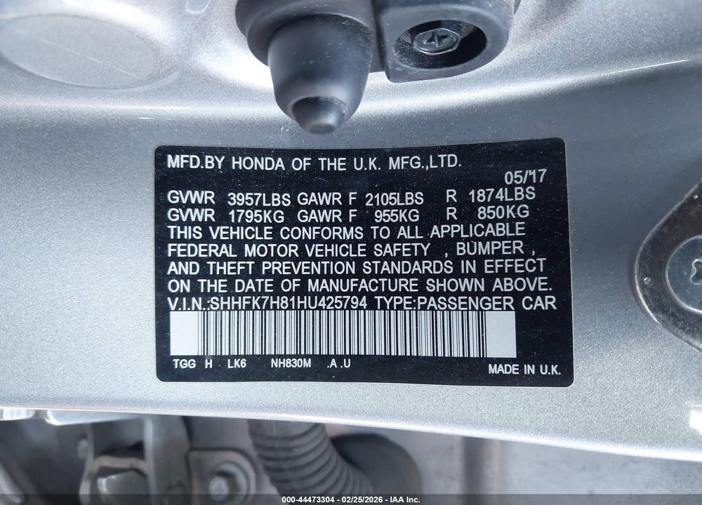 2017 HONDA CIVIC EX-L VIN: SHHFK7H81HU425794