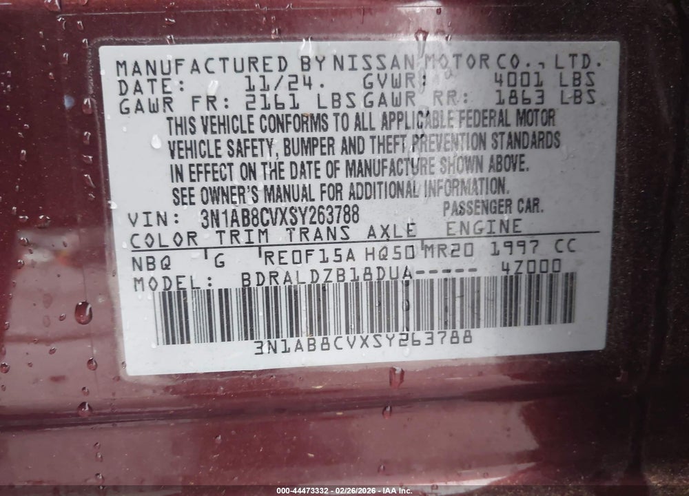 2025 NISSAN SENTRA SV VIN: 3N1AB8CVXSY263788