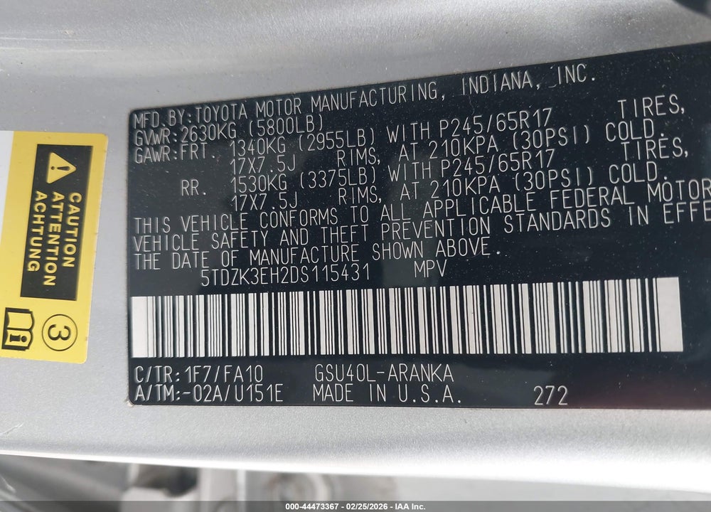 2013 TOYOTA HIGHLANDER BASE PLUS V6 VIN: 5TDZK3EH2DS115431