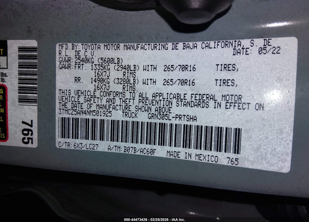 2022 TOYOTA TACOMA TRD OFF ROAD VIN: 3TMCZ5AN4NM501925