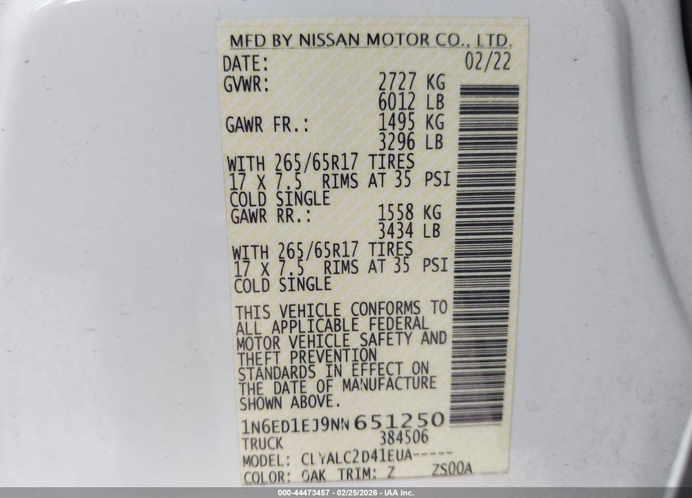 2022 NISSAN FRONTIER SV 4X2 VIN: 1N6ED1EJ9NN651250