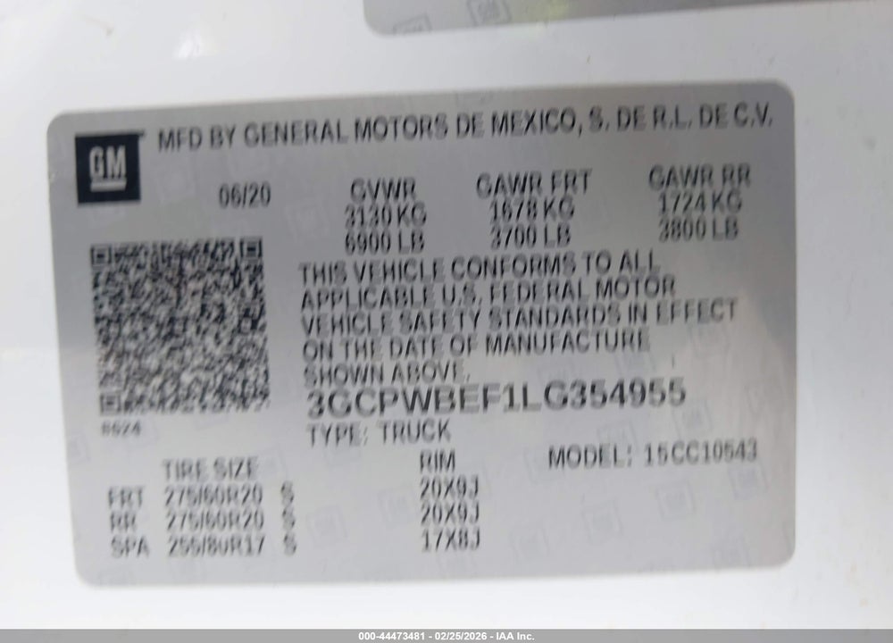 2020 CHEVROLET SILVERADO 1500 2WD  SHORT BED CUSTOM VIN: 3GCPWBEF1LG354955