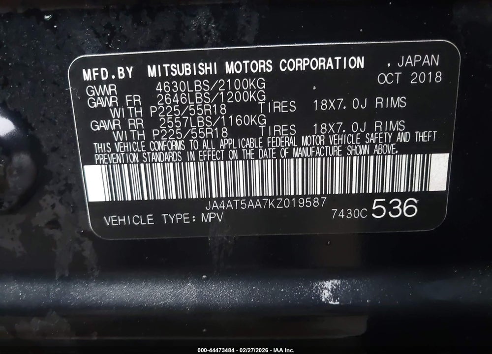 2019 MITSUBISHI ECLIPSE CROSS SE/SEL VIN: JA4AT5AA7KZ019587