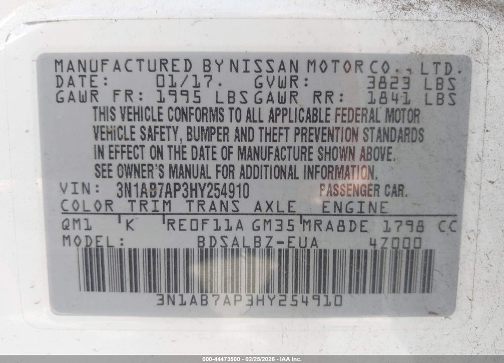2017 NISSAN SENTRA S VIN: 3N1AB7AP3HY254910