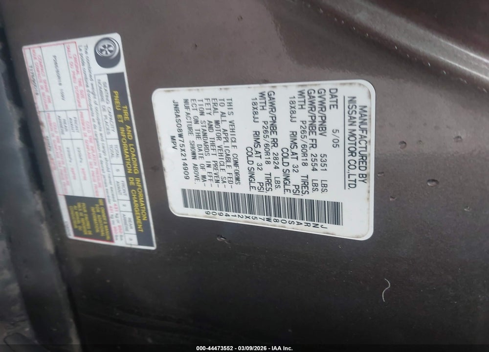 2005 INFINITI FX35 VIN: JNRAS08W75X214909