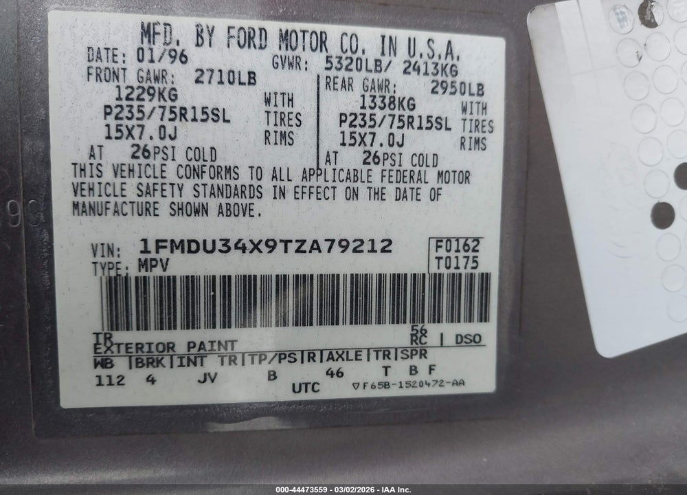 1996 FORD EXPLORER VIN: 1FMDU34X9TZA79212