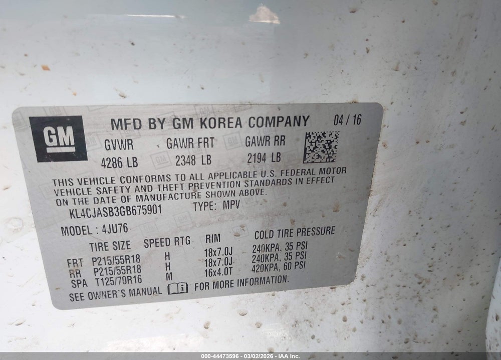 2016 BUICK ENCORE VIN: KL4CJASB3GB675901
