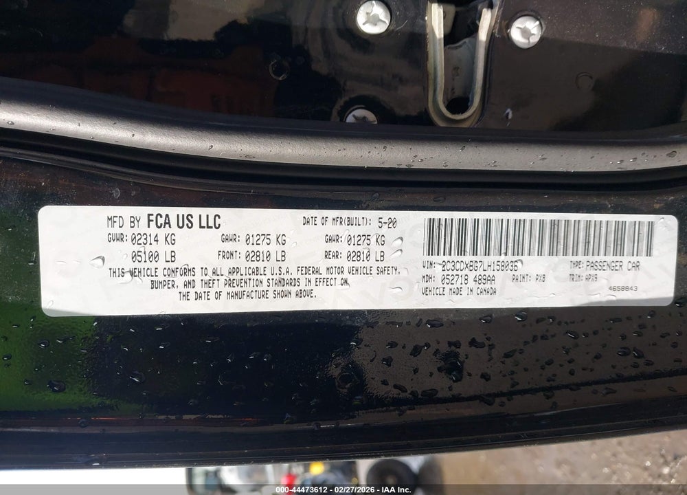 2020 DODGE CHARGER SXT RWD VIN: 2C3CDXBG7LH158036