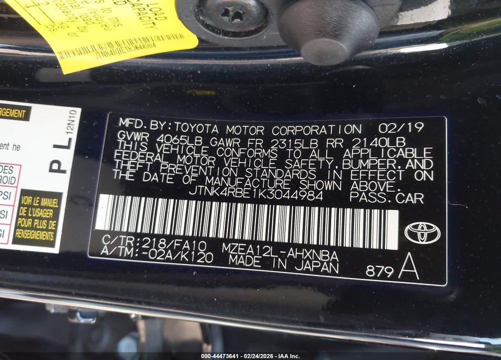 2019 TOYOTA COROLLA SE VIN: JTNK4RBE1K3044984