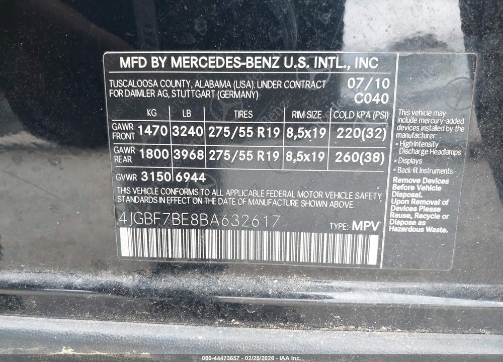 2011 MERCEDES-BENZ GL 450 4MATIC VIN: 4JGBF7BE8BA632617