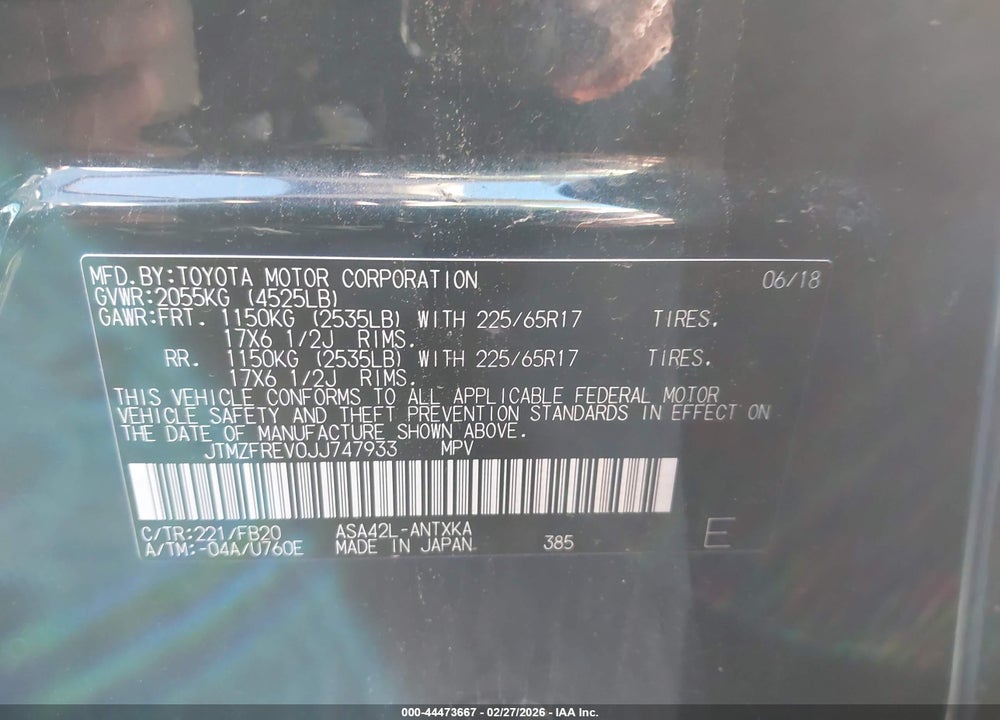 2018 TOYOTA RAV4 LE VIN: JTMZFREV0JJ747933