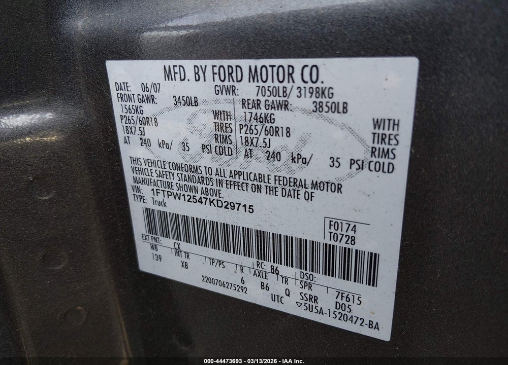 2007 FORD F-150 LARIAT/XLT VIN: 1FTPW12547KD29715