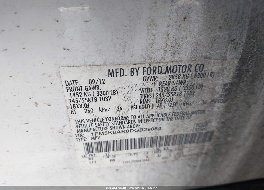 2013 FORD UTILITY POLICE INTERCEPTOR VIN: 1FM5K8AR0DGB29084