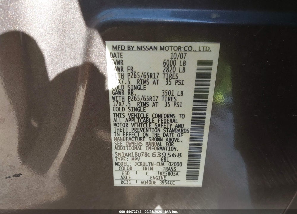 2008 NISSAN PATHFINDER SE VIN: 5N1AR18U78C639568