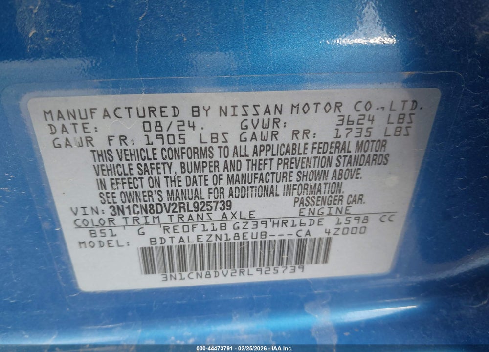 2024 NISSAN VERSA 1.6 S VIN: 3N1CN8DV2RL925739