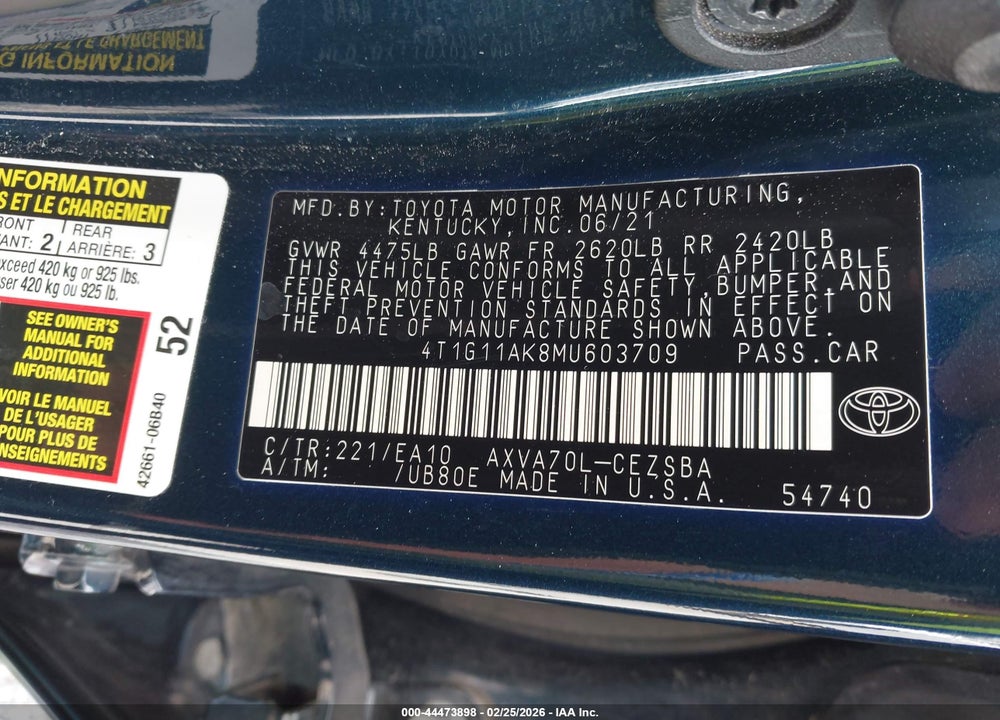 2021 TOYOTA CAMRY SE VIN: 4T1G11AK8MU603709