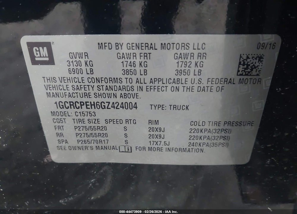 2016 CHEVROLET SILVERADO 1500 CUSTOM VIN: 1GCRCPEH6GZ424004