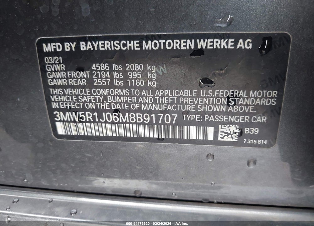 2021 BMW 330I VIN: 3MW5R1J06M8B91707