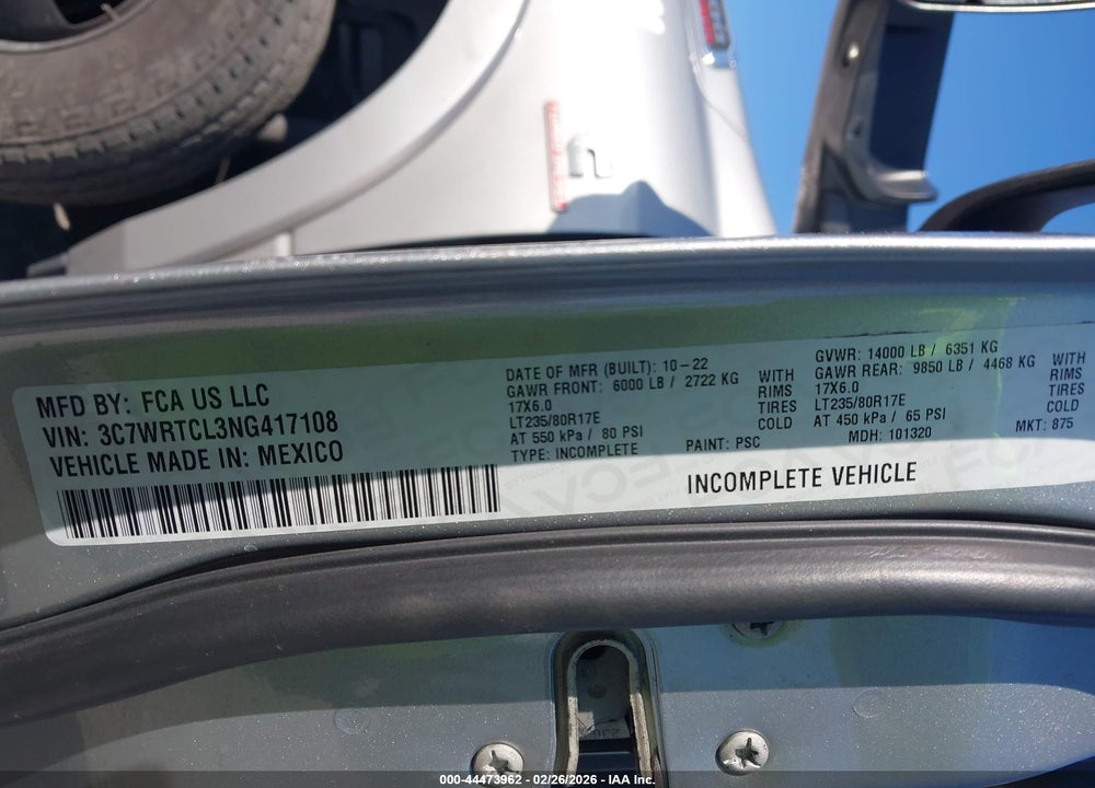 2022 RAM 3500 CHASSIS TRADESMAN/SLT/LAIE/LIMITED VIN: 3C7WRTCL3NG417108