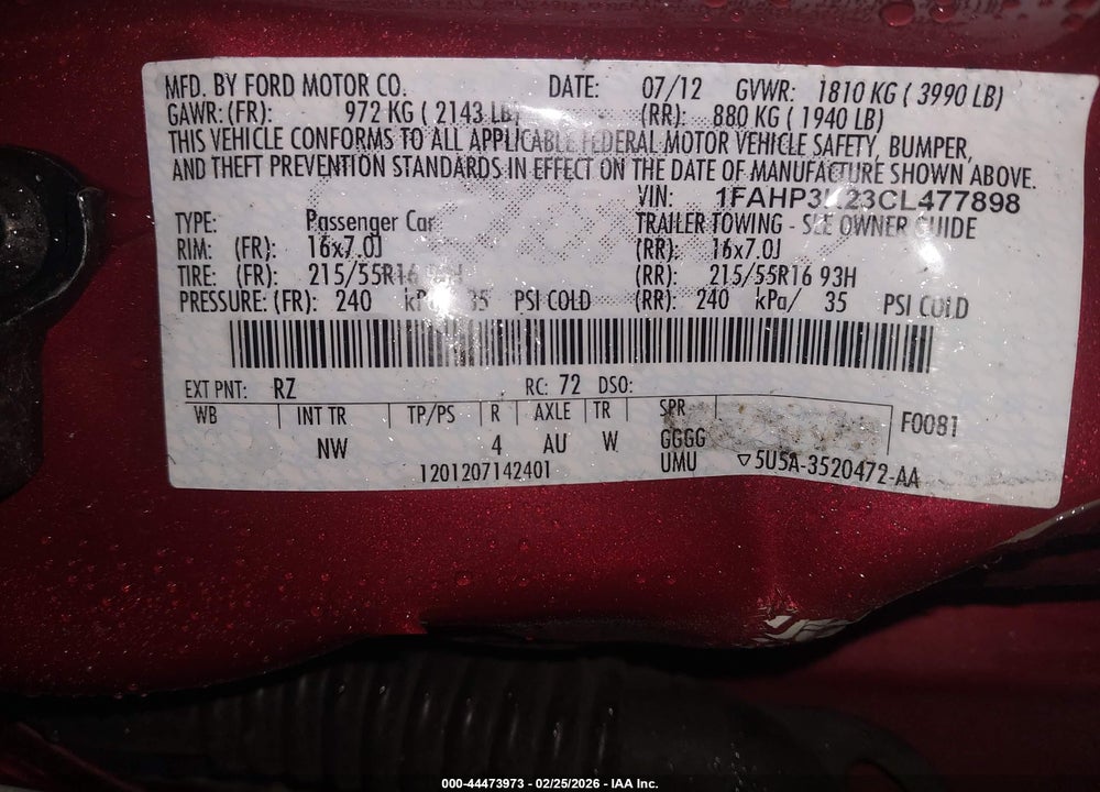 2012 FORD FOCUS SE VIN: 1FAHP3K23CL477898
