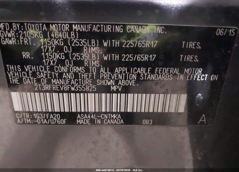2015 TOYOTA RAV4 XLE VIN: 2T3RFREV8FW355825
