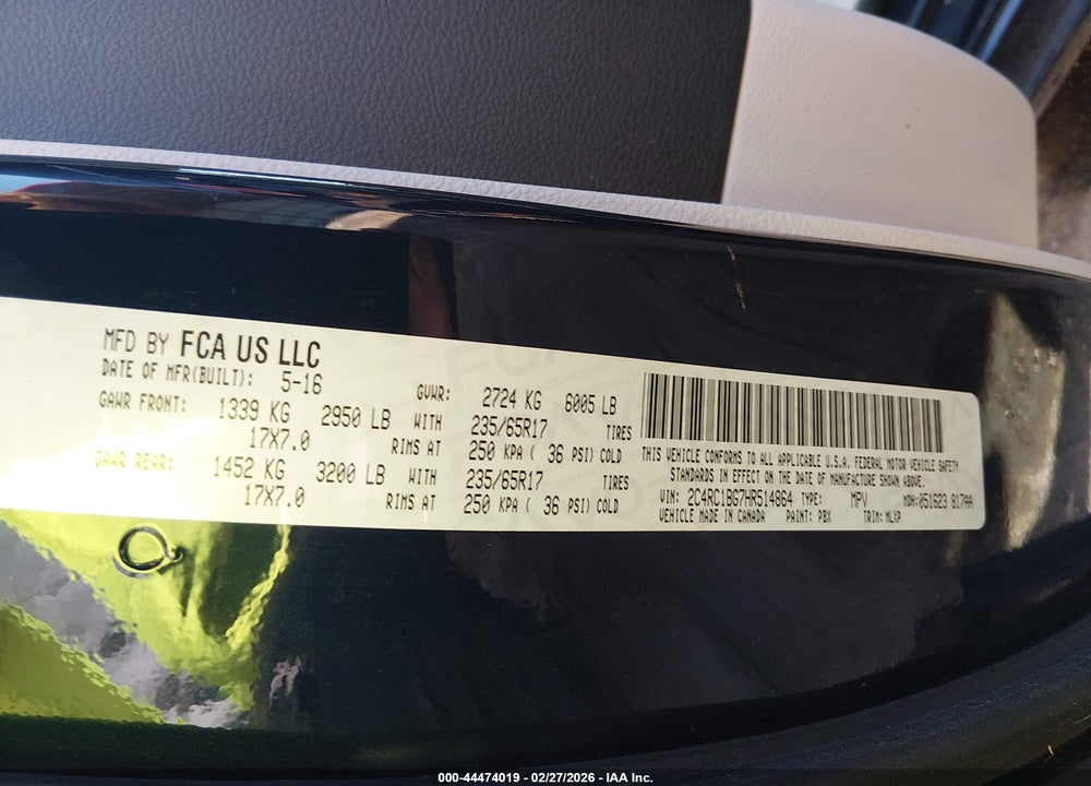 2017 CHRYSLER PACIFICA TOURING-L VIN: 2C4RC1BG7HR514864