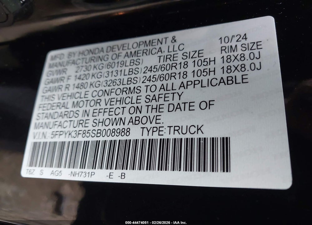 2025 HONDA RIDGELINE BLACK EDITION VIN: 5FPYK3F85SB008988