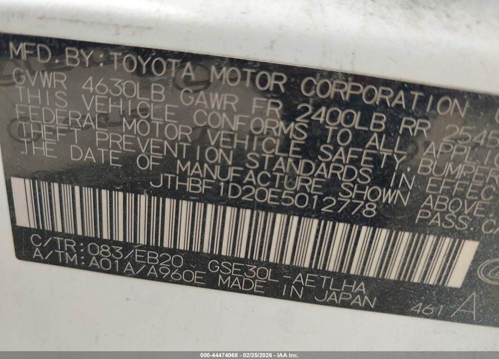 2014 LEXUS IS 250 VIN: JTHBF1D20E5012778