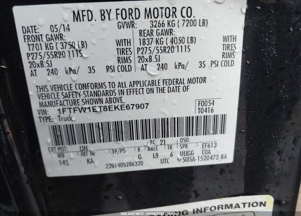 2014 FORD F-150 KING RANCH VIN: 1FTFW1ET8EKE67907