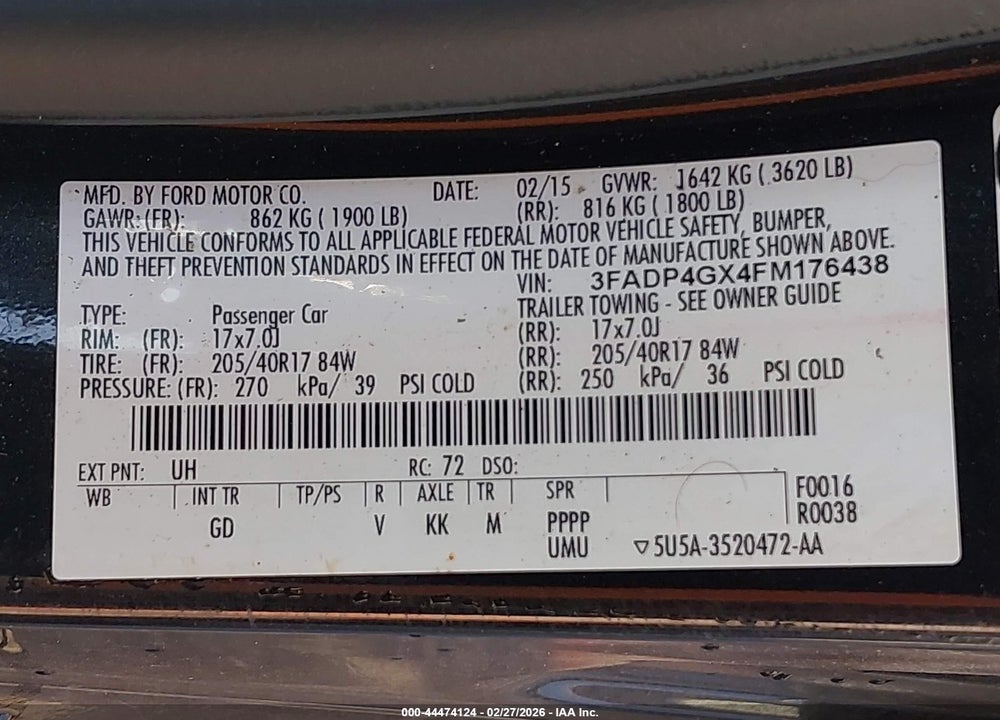 2015 FORD FIESTA ST VIN: 3FADP4GX4FM176438