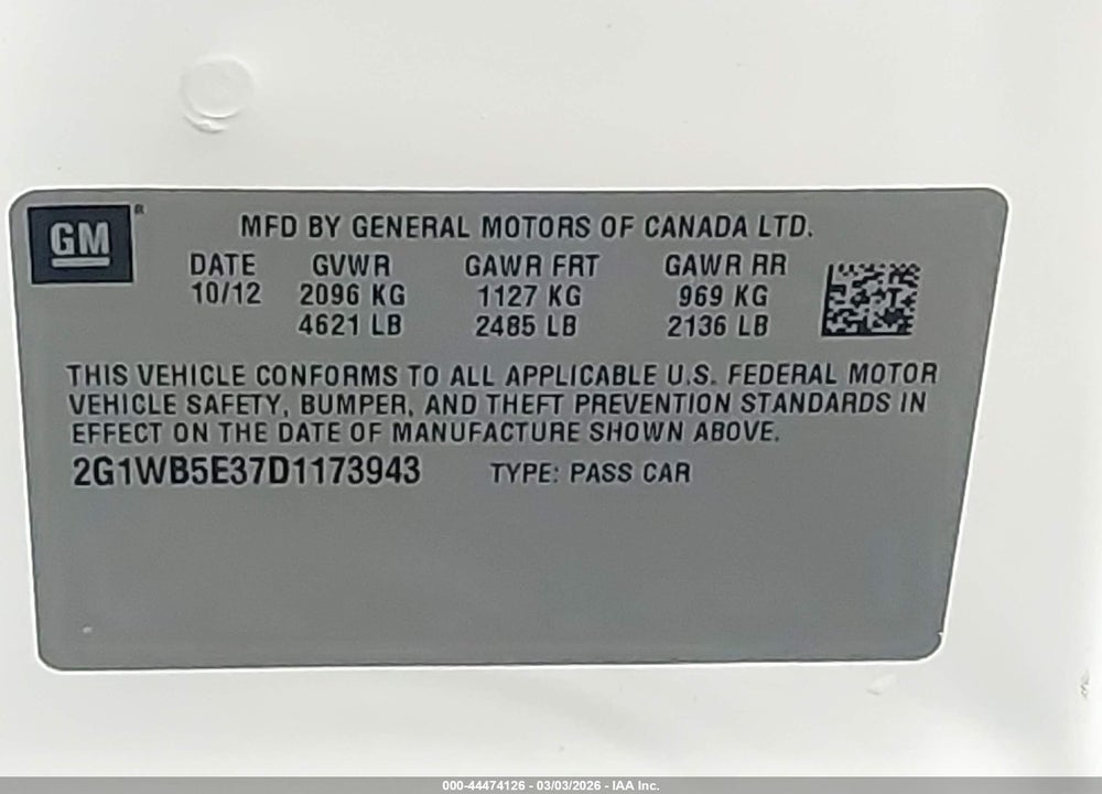 2013 CHEVROLET IMPALA LT VIN: 2G1WB5E37D1173943