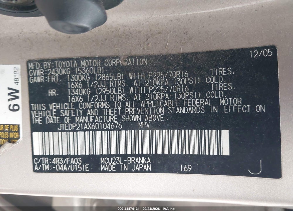 2006 TOYOTA HIGHLANDER V6 VIN: JTEDP21AX60104676