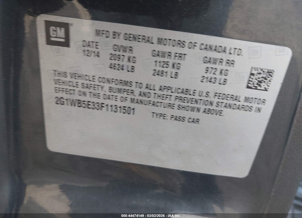 2015 CHEVROLET IMPALA LIMITED LT VIN: 2G1WB5E33F1131501