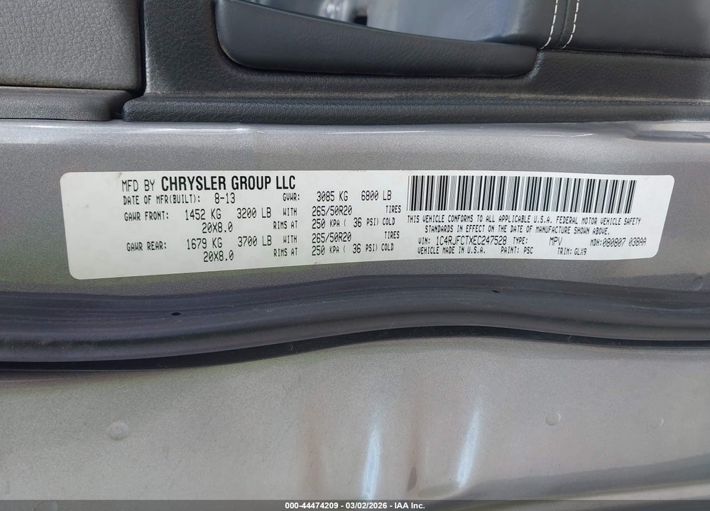 2014 JEEP GRAND CHEROKEE OVERLAND VIN: 1C4RJFCTXEC247528