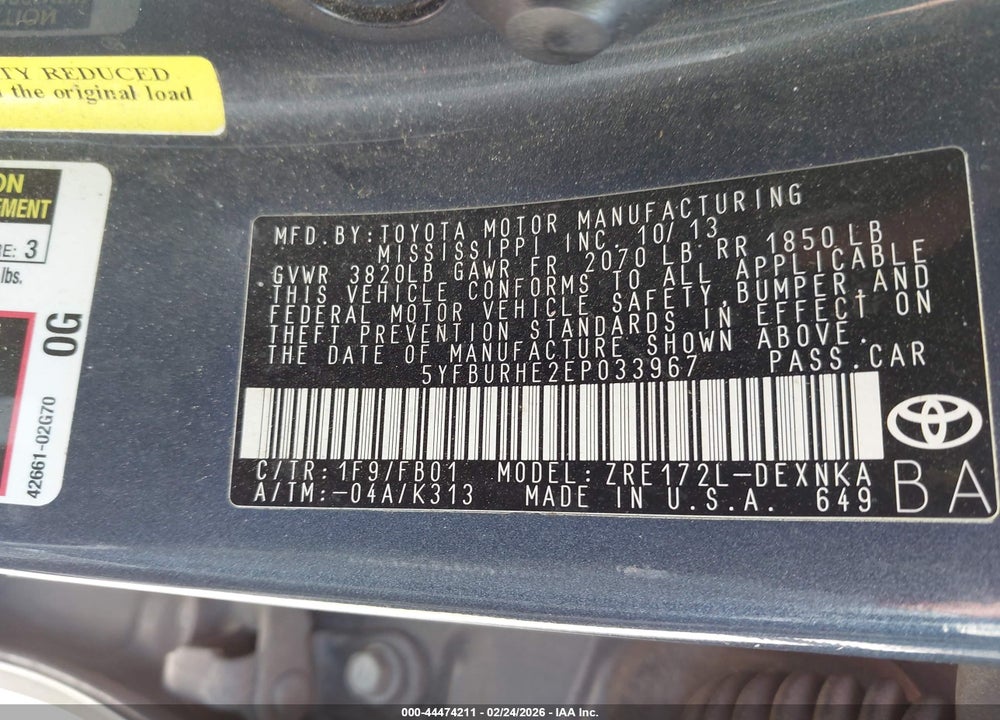 2014 TOYOTA COROLLA LE VIN: 5YFBURHE2EP033967