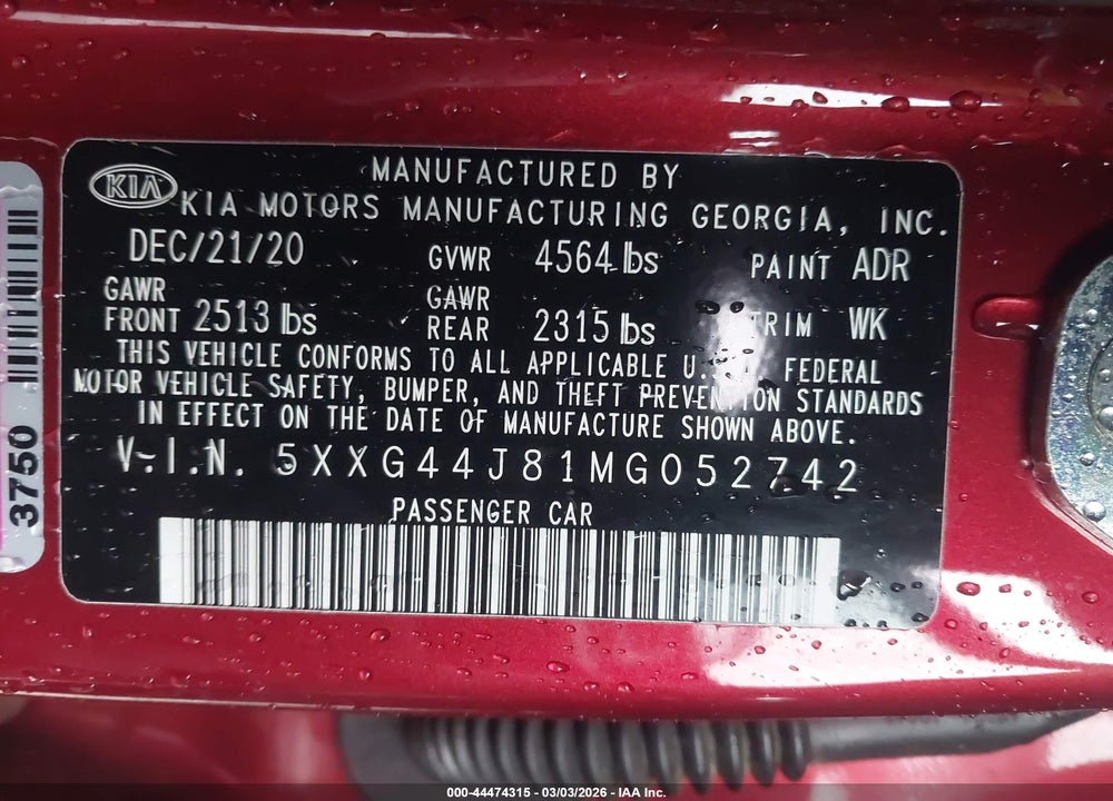 2021 KIA K5 GT VIN: 5XXG44J81MG052742