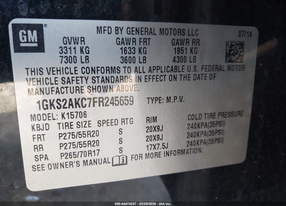 2015 GMC YUKON SLE VIN: 1GKS2AKC7FR245659