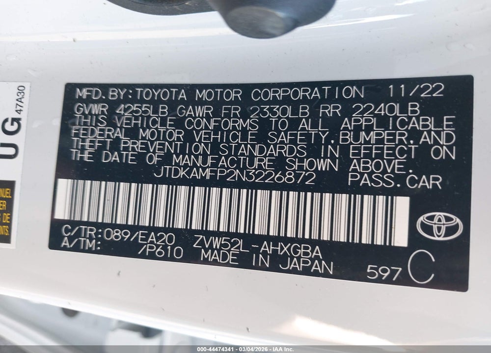 2022 TOYOTA PRIUS PRIME XLE VIN: JTDKAMFP2N3226872