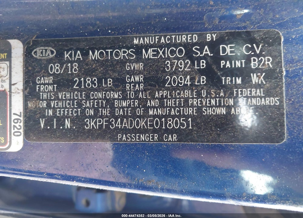 2019 KIA FORTE S VIN: 3KPF34AD0KE018051