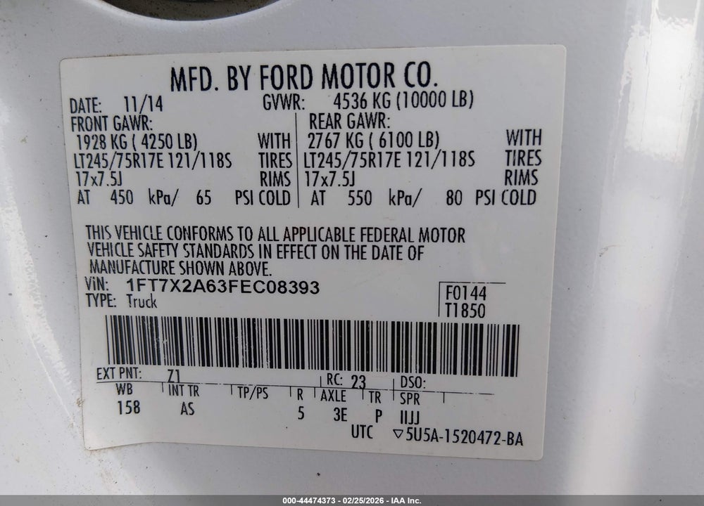 2015 FORD F-250 XL VIN: 1FT7X2A63FEC08393