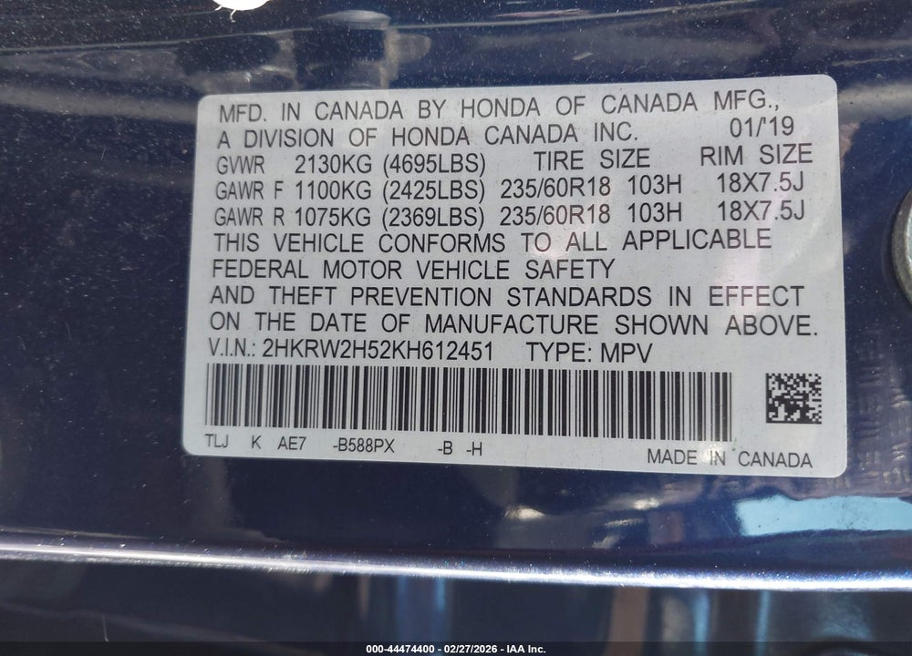 2019 HONDA CR-V EX VIN: 2HKRW2H52KH612451