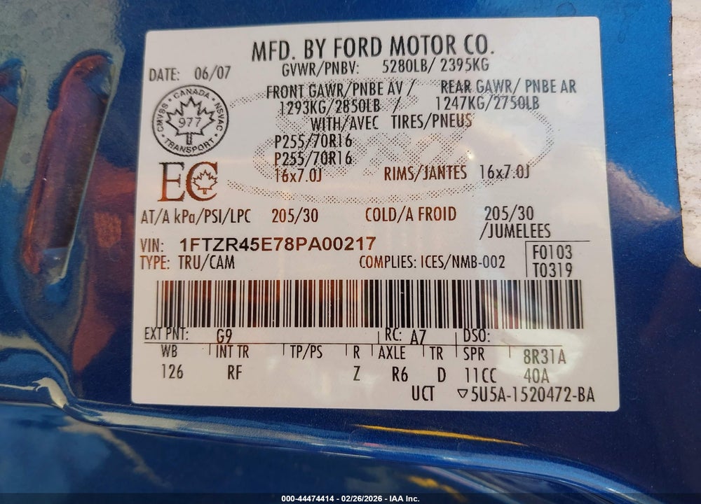 2008 FORD RANGER FX4 OFF-ROAD/SPORT/XLT VIN: 1FTZR45E78PA00217