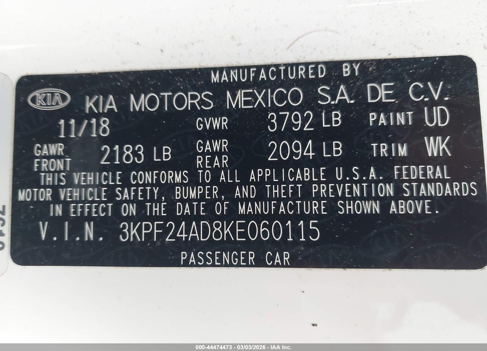 2019 KIA FORTE LXS VIN: 3KPF24AD8KE060115