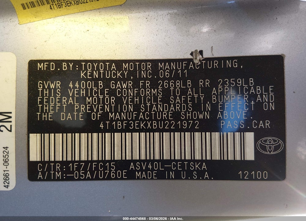 2011 TOYOTA CAMRY SE VIN: 4T1BF3EKXBU221972
