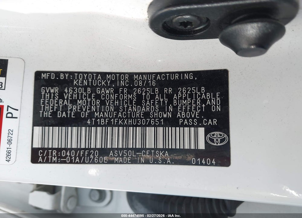 2017 TOYOTA CAMRY SE VIN: 4T1BF1FKXHU307651